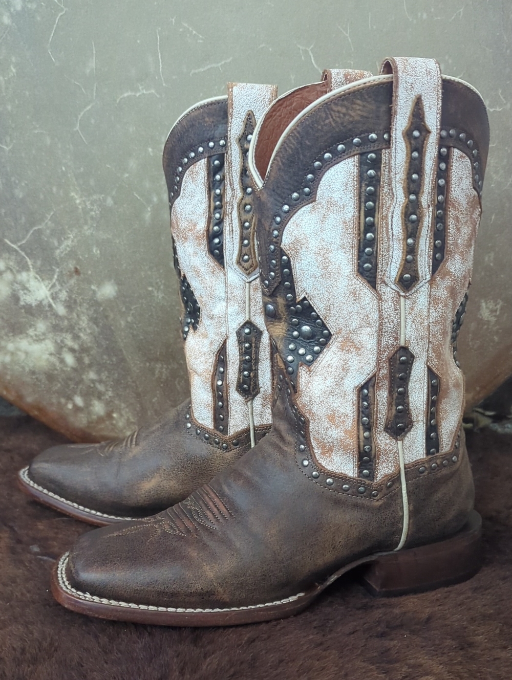 DAN POST Ladies DP4984 "DARBY" square toe Brown/Bone leather cowboy boots sz 8